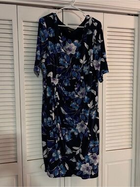 Women's Black Floral Midi Dress with Blue and White Blooms